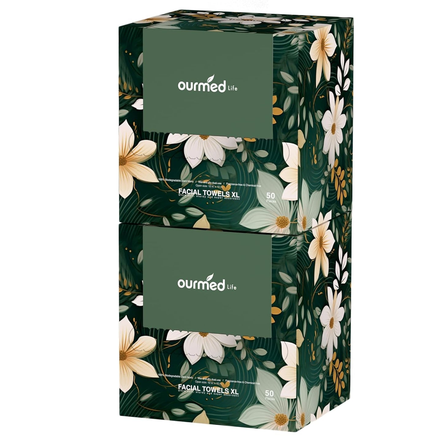 Ourmed Life Disposable Face Towels, 12 x 10 Inch Extra Large Biodegradable Facial Towels, Dual-Sided Pearl Texture Lint-Free Dry Wipes for Sensitive Skin, Makeup Removal, Cleansing & Skincare, 100 Ct