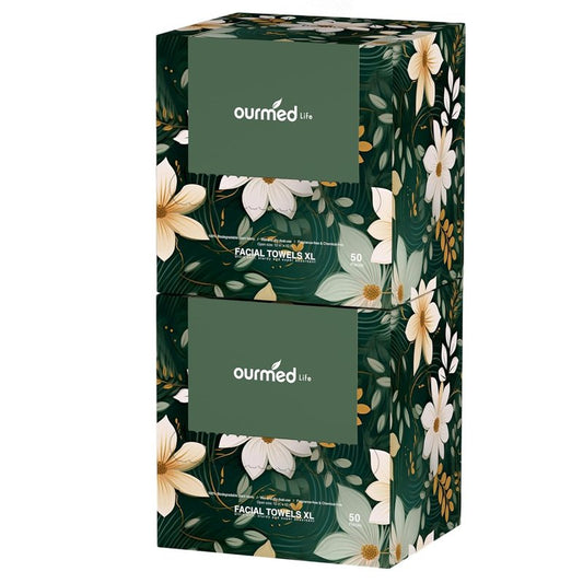 Ourmed Life Disposable Face Towels, 12 x 10 Inch Extra Large Biodegradable Facial Towels, Dual-Sided Pearl Texture Lint-Free Dry Wipes for Sensitive Skin, Makeup Removal, Cleansing & Skincare, 100 Ct
