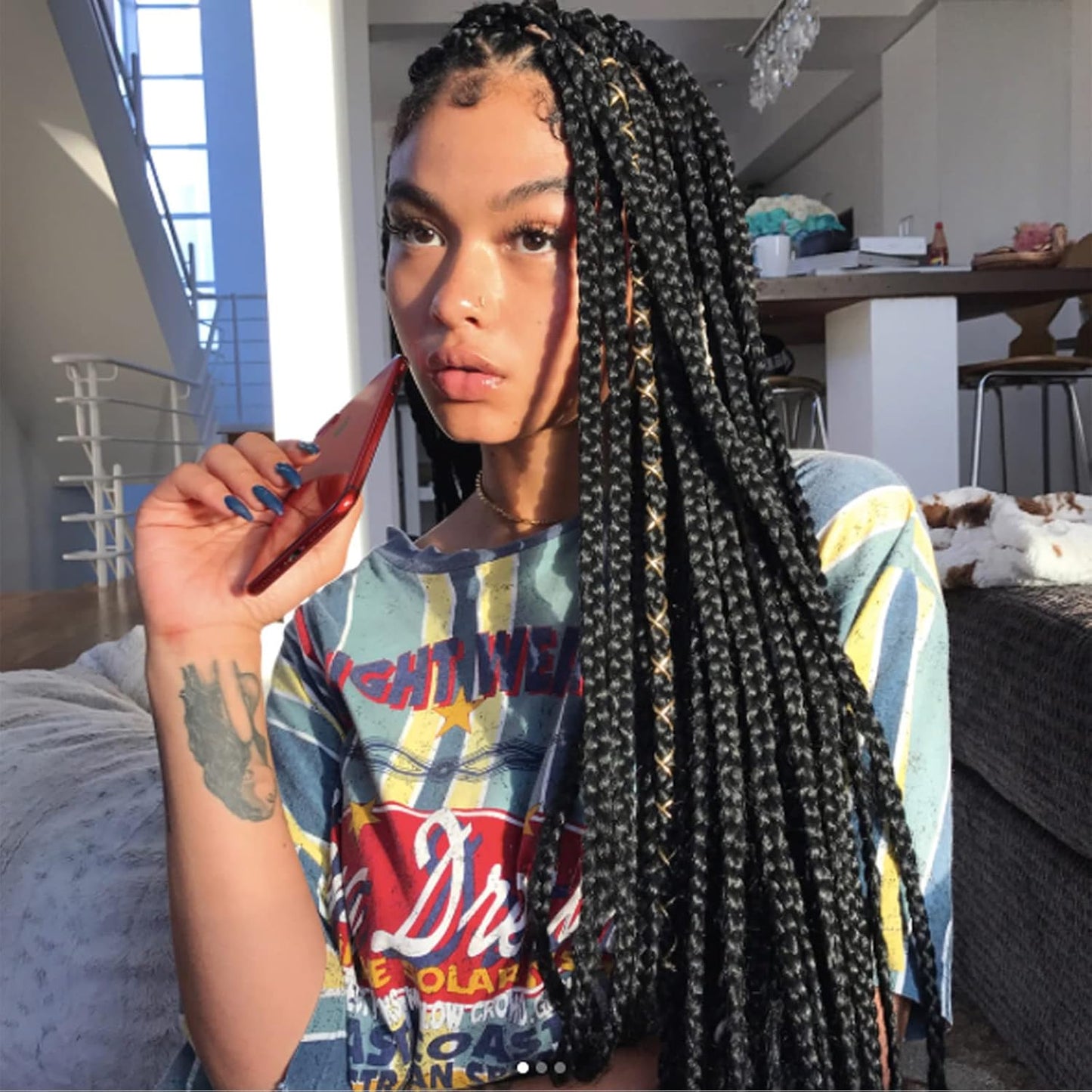 Box Braids Crochet Hair - 24 Inch Pre-Looped Synthetic Extensions | 6 Bundles for Black Women - Medium Knotless, Black 1B