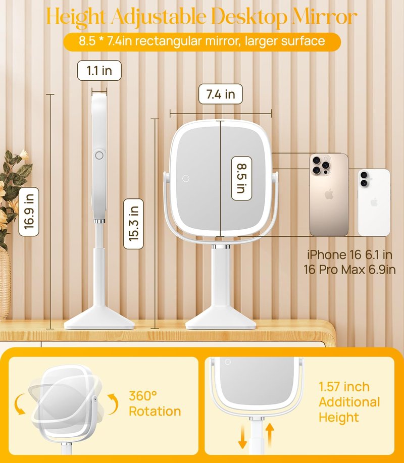 Lighted Makeup Mirror with 10X Magnification - Adjustable Height, 3 Color Modes, 4000mAh Battery | Large Surface for Bedroom or Bathroom - White