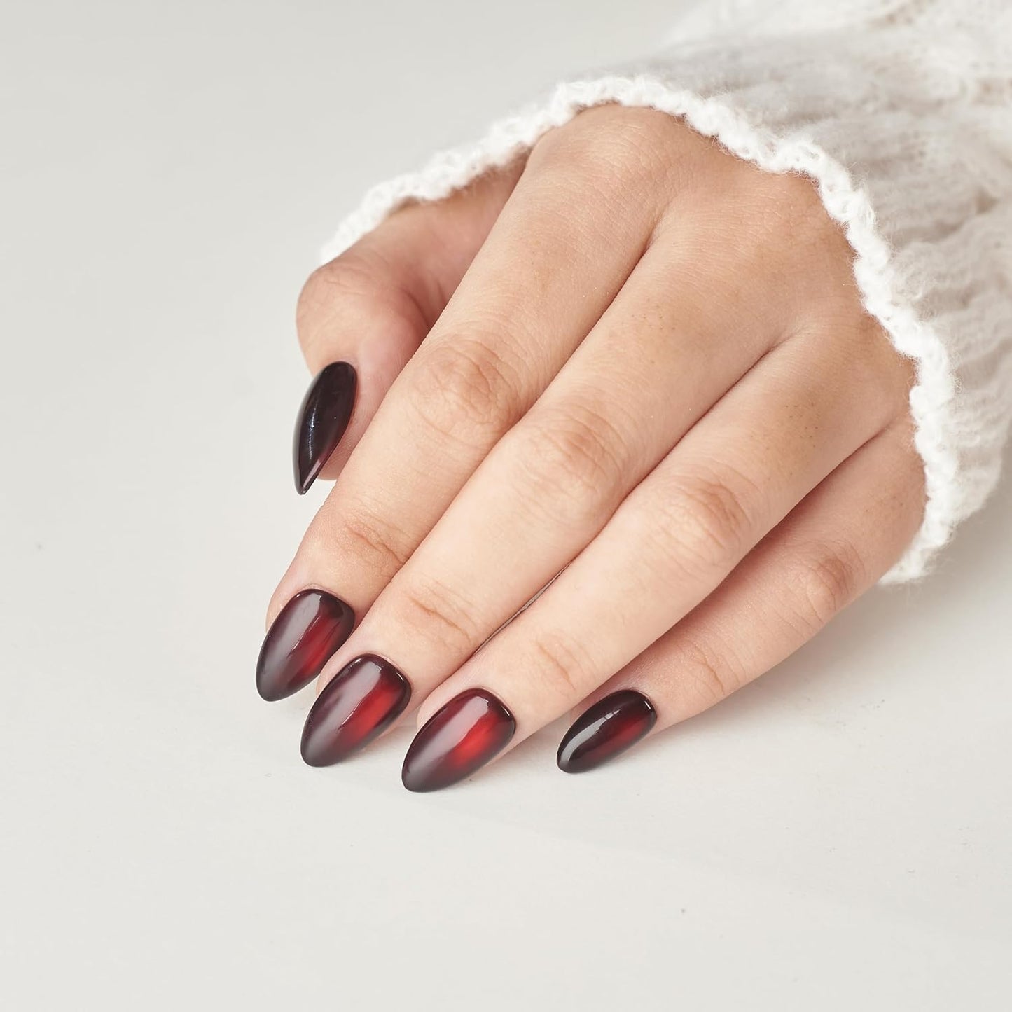 Press On Nails Short Almond - Handmade Cat Eye Soft Gel in Dark Black Red | 26 Reusable Nail Tips with Lamp-Curable Glue for Glam Valentine Wedding Manicure