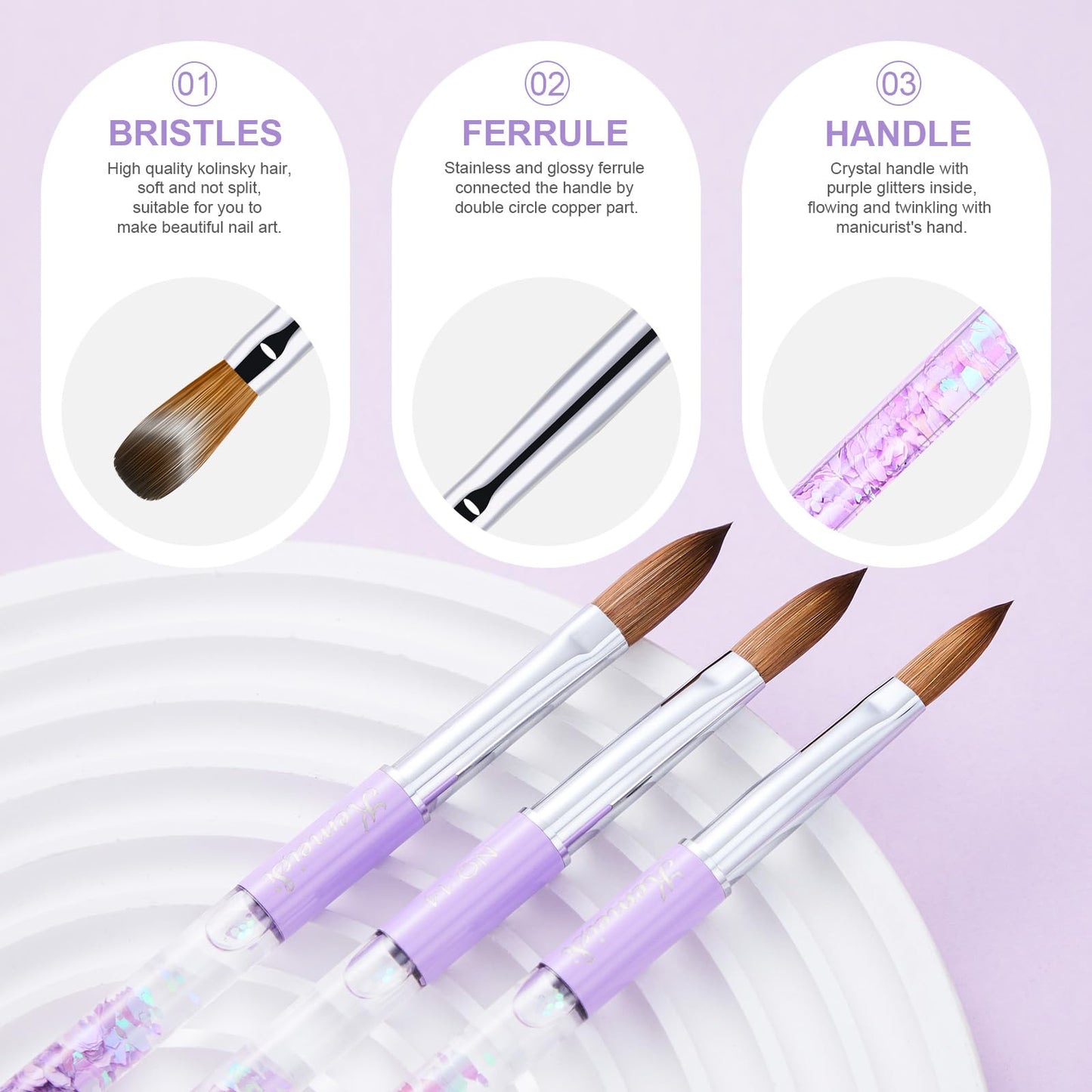 KEMEISI 5PCS Acrylic Nail Brush Set, Sizes 06/08/10/14/16 Kolinsky Art Brushes for Application, Sturdy Handle Oval Shaped Powder Design Tools for Professional Manicure DIY