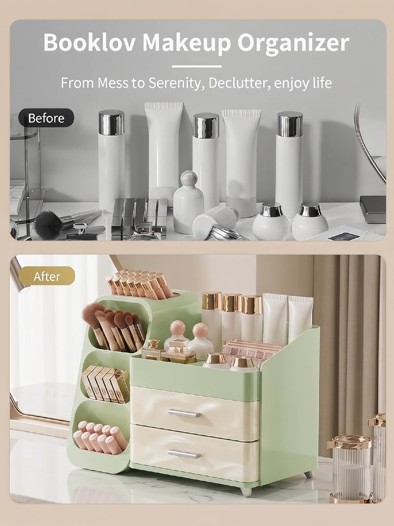 Makeup Organizer - Large Capacity Vanity Storage Case with Drawers | Cream Green Cosmetic Display for Skincare & Beauty Tools