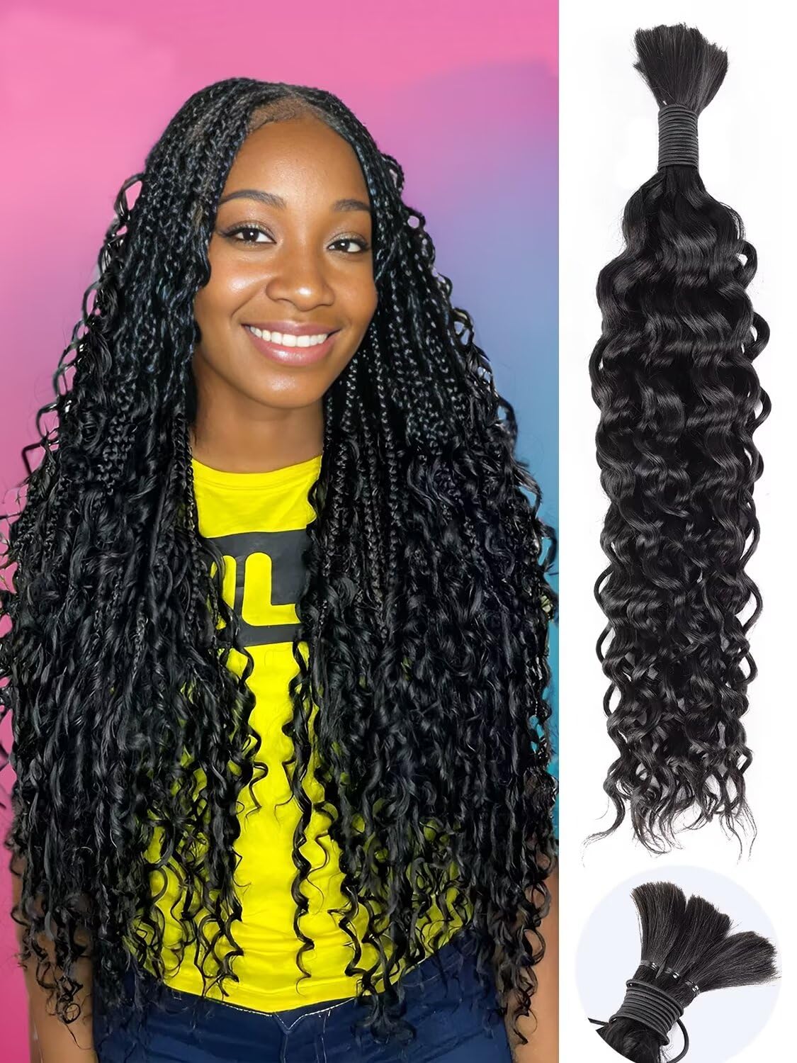 12A Human Braiding Hair - 24 Inch Water Wave for Boho Knotless Braids | 50g Unprocessed Brazilian Virgin Hair