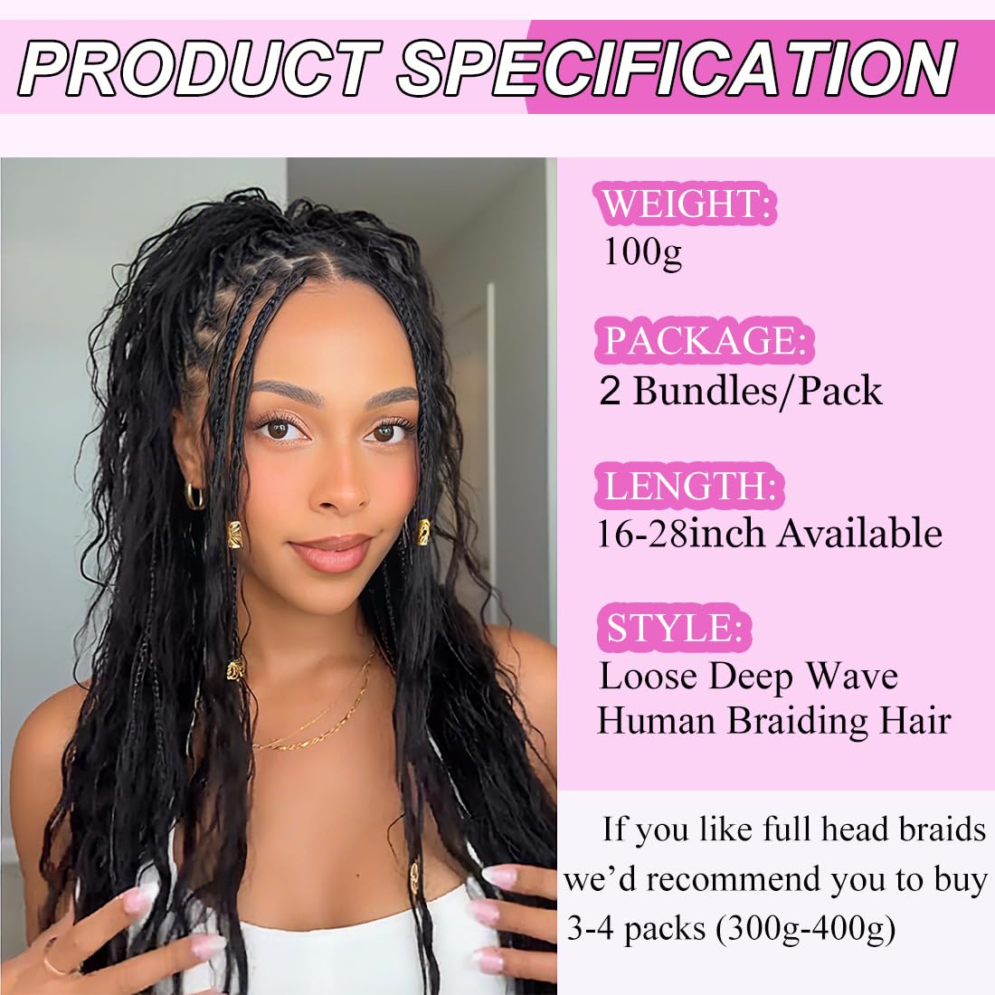 Human Braiding Hair 2 Bundles 100g 22 Inch Deep Wave Bulk 100% Human Hair for Braiding No Weft 12A Brazilian Virgin Human Hair Extensions for Boho Braids Natural Black