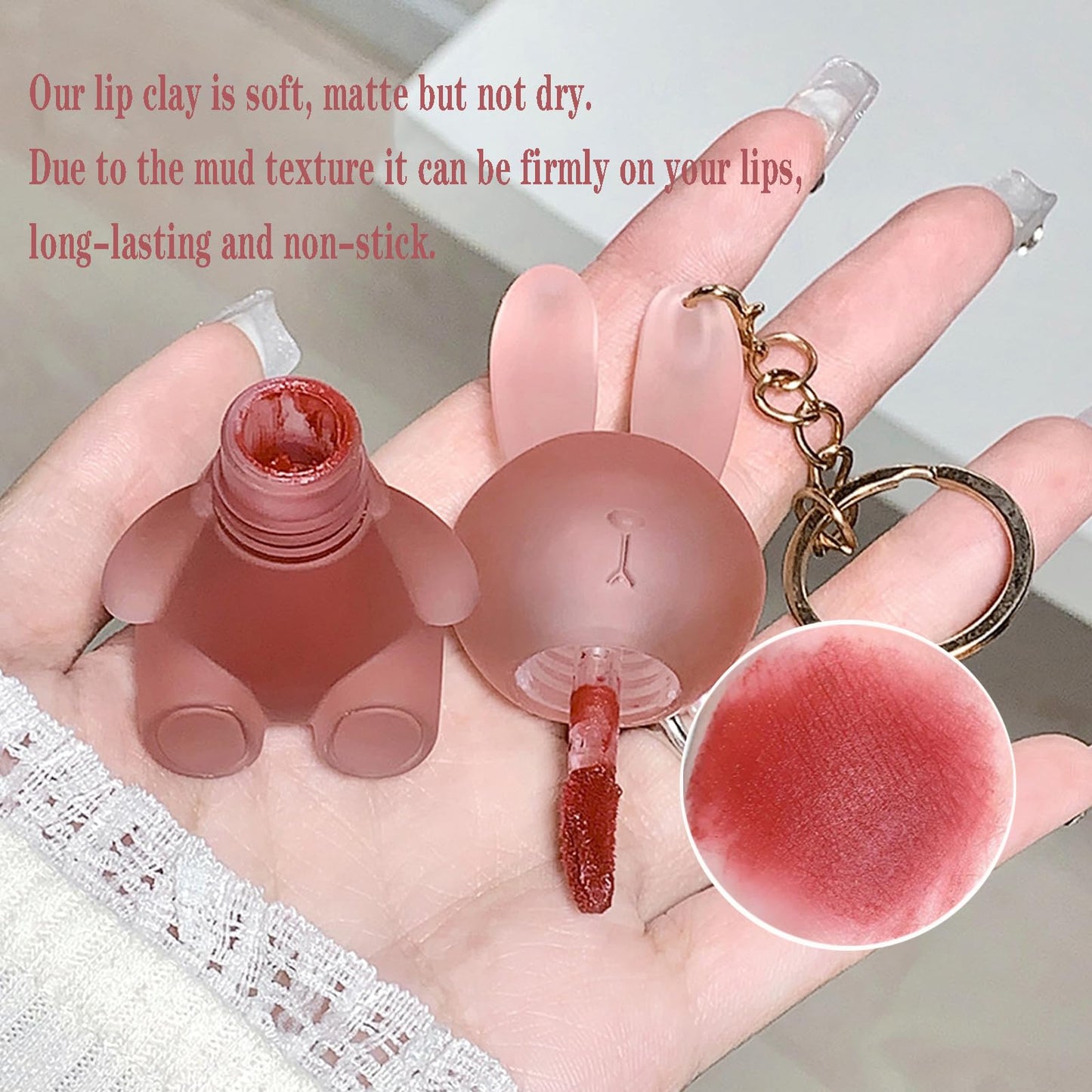 LuckNest 4 Colors Velvet Matte Liquid Lipstick set, Cute Rabbit Lip Glaze 2 in 1 Key Chain Lip Gloss Lip Stain, Waterproof Non-Stick Cup Long Lasting Lip Clay Cute Lip Makeup for Girls