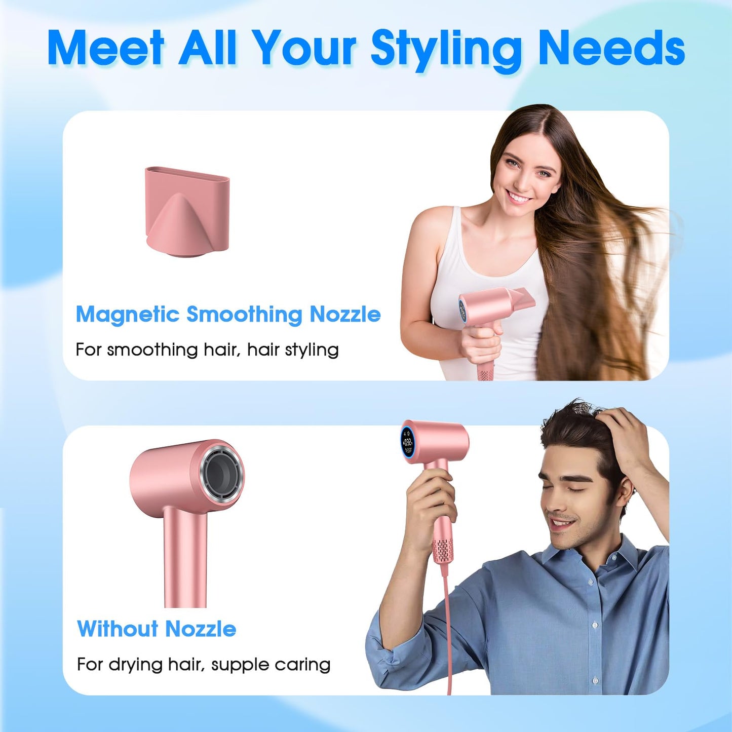 Hair Dryer, 1500W High Speed 110000 RPM Blow Dryer with Plasma Tech (Positive+Negative Ionic), LCD Display, 5 Modes, Thermo-Control, Low Noise, Fast Drying Hair Dryer for Home or Travel (Rose Gold)