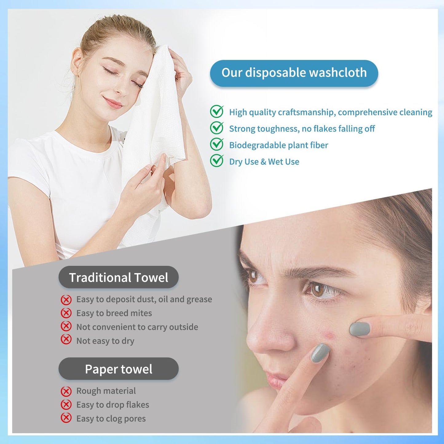 ataraxia Disposable Face Towels XL, Cotton Clean Towel for Face Travel Pack of 150, 10x12'' Extra Thick Soft Facial Cleansing Towelettes Wipes for Drying | Washing | Skin Care (3 Pack)