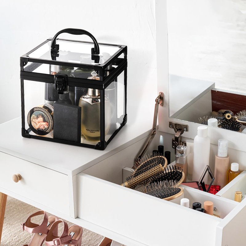 Okllen Crown Box, Clear Cosmetic Case, Acrylic Artists Display Case, Toiletry Train Case with Latches & Handle