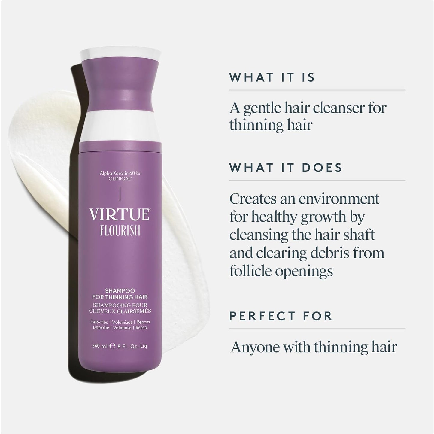 VIRTUE Flourish Shampoo - Sulfate-Free Volumizing Formula for Thinning Hair | Color Safe, Detoxifying Treatment
