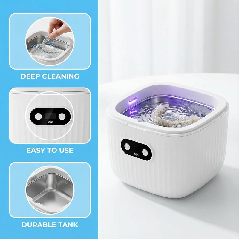 Ultrasonic Retainer Cleaner Machine - 45kHz 250ML Denture & Mouth Guard Cleaner | White
