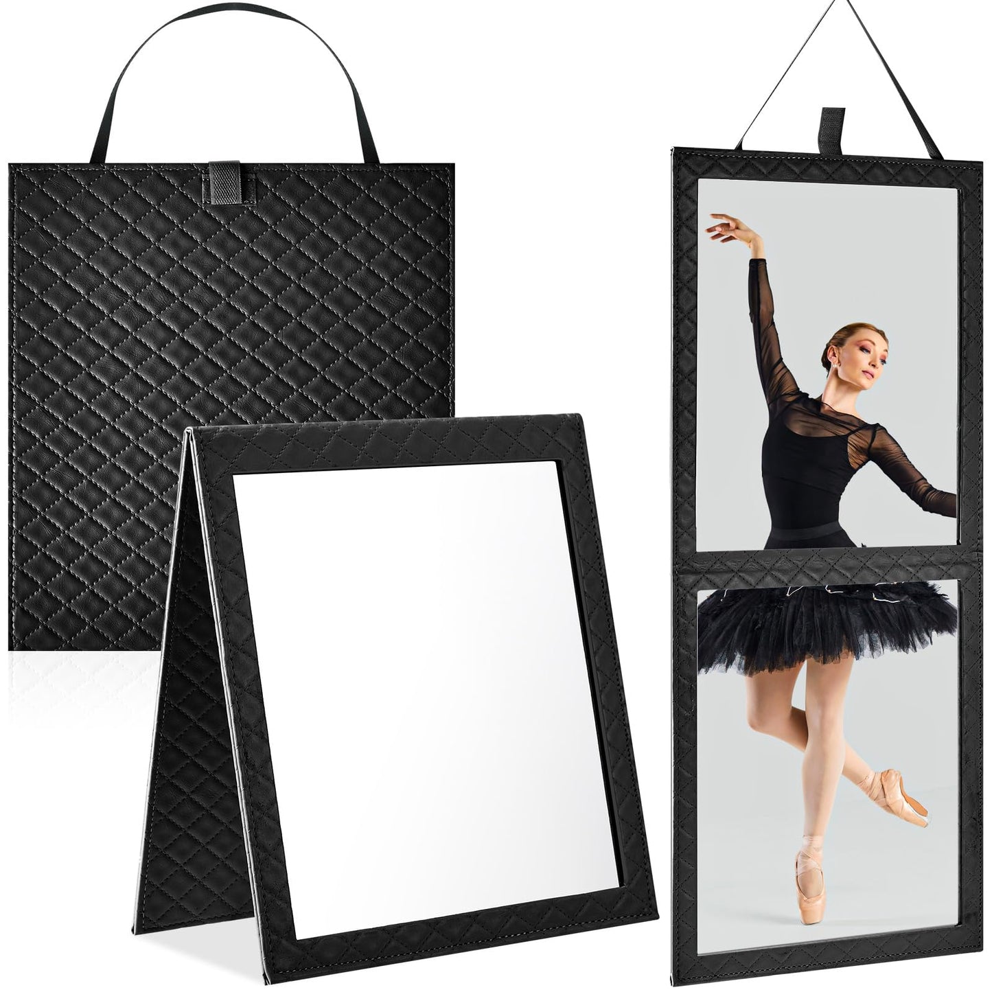 Colingmill Foldable Full Length Mirror Leather 33.5" L x 13.4" W Portable Hanging Travel Mirror with Handle for Travel Dance Camping Home Fitness Spa Gift (Black, 33.5" L x 13.4" W)
