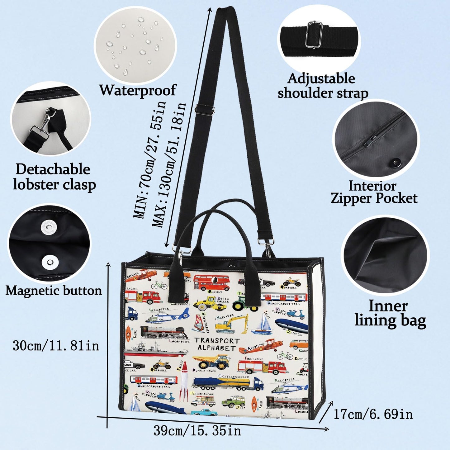 LEVLO Transport ABC Canvas Tote Bag Vehicle Alphabet Gift Transport Alphabet Shoulder Bag Car A-Z Merchandise (Transport LT)