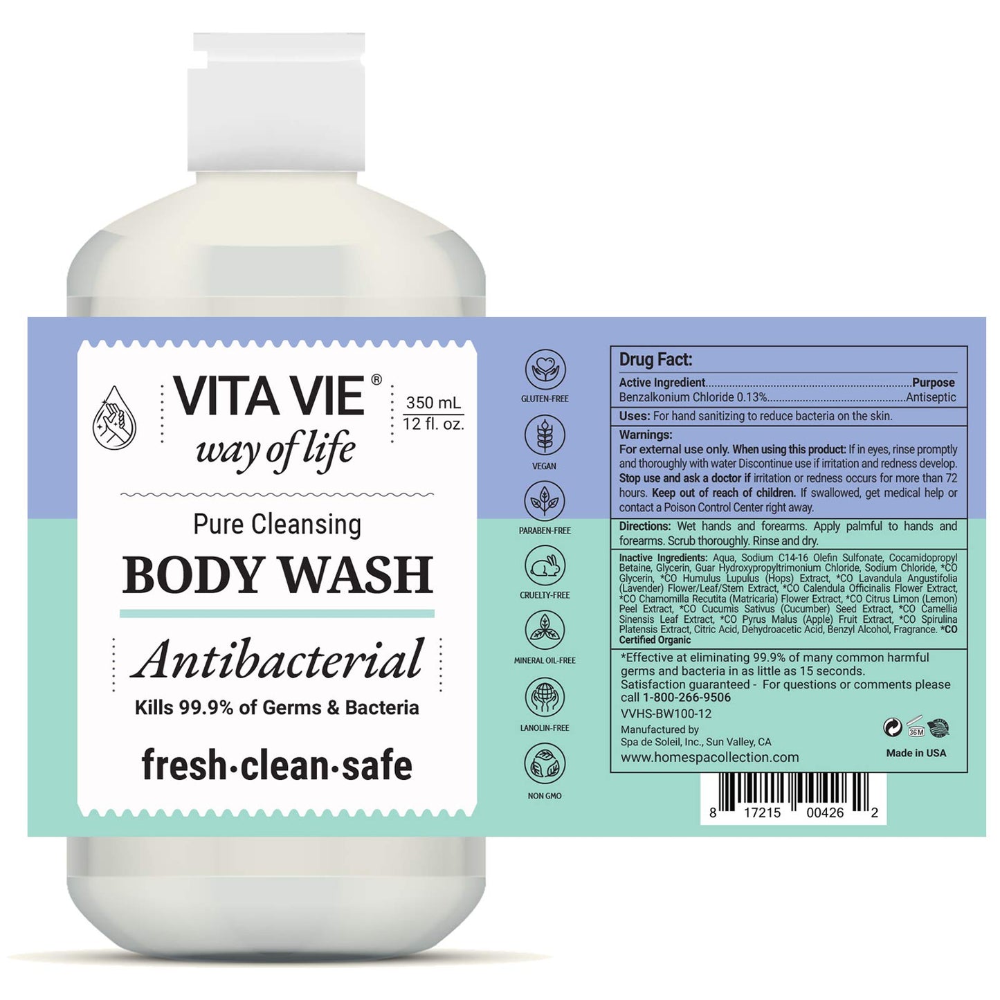 VITA VIE Body Wash, Lemon Scent, Antibacterial Soap for Hands and Forearms With Hazel, Willow Bark Extract, and Tea Tree Oil, Clean Nourishing Formula, Vegan, Paraben Free, Non GMO, 12 FL Oz, 2 Pack