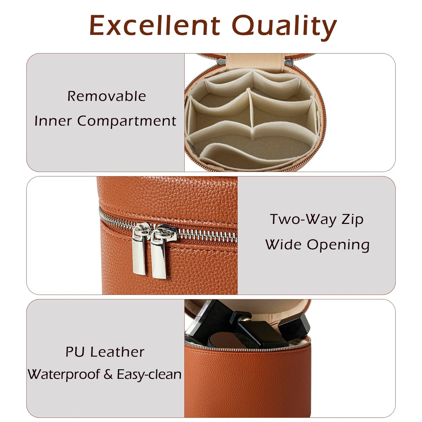 RSRSLEII Aesthetic Makeup Bag, Travel Makeup Vanity Case with Divider and Handle, Waterproof PU Leather Cosmetic Organizer Bag, Portable Toiletry Bag for Women(01Brown)