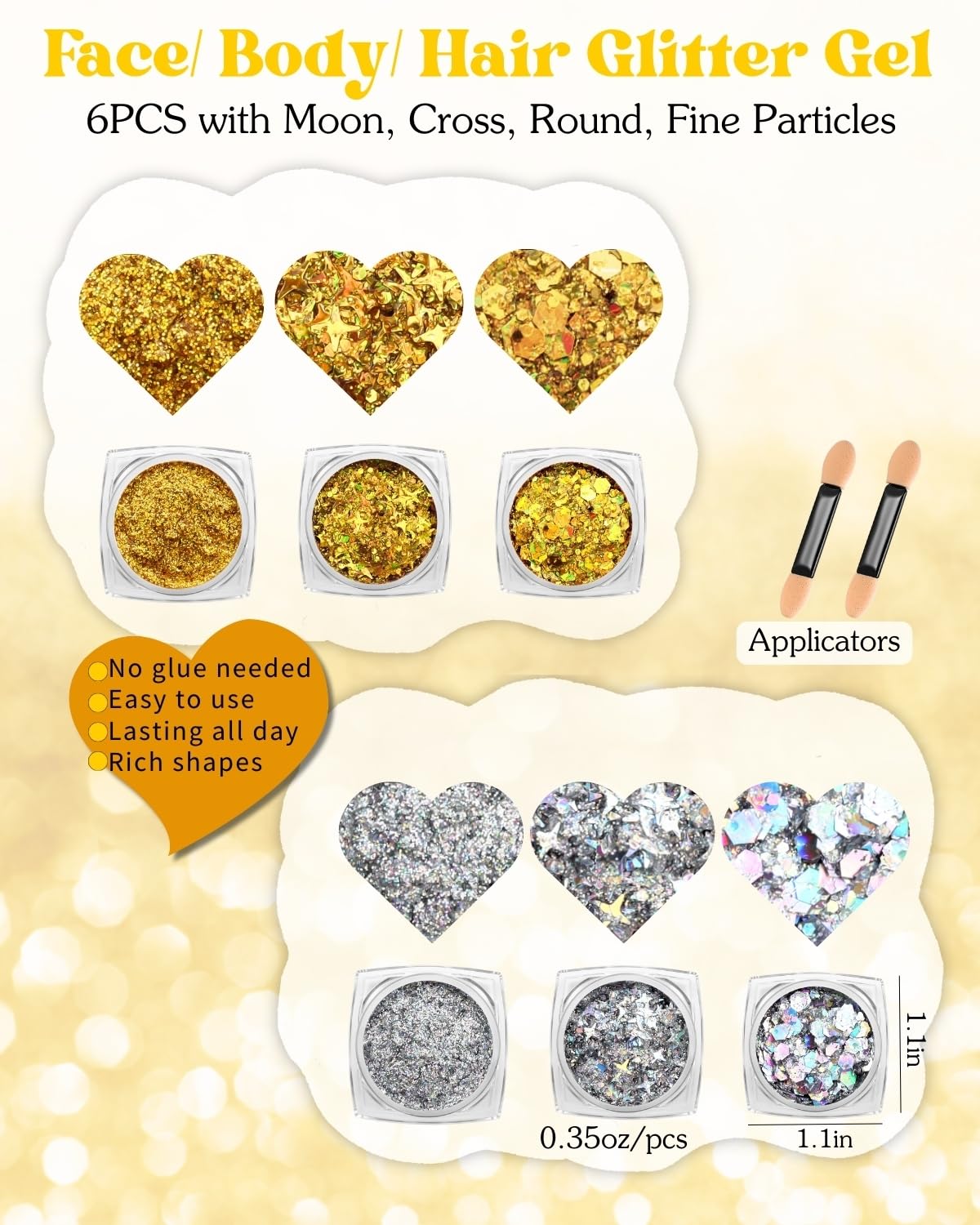 6+4 Gold Silver Face Gems Body Glitter Set: Sparkly Face Hair Glitter Gel & Self Adhesive Butterfly Heart Stars Stickers for Women Disco 50th Birthday Easter Party Makeup Accessories (Gold,Silver)