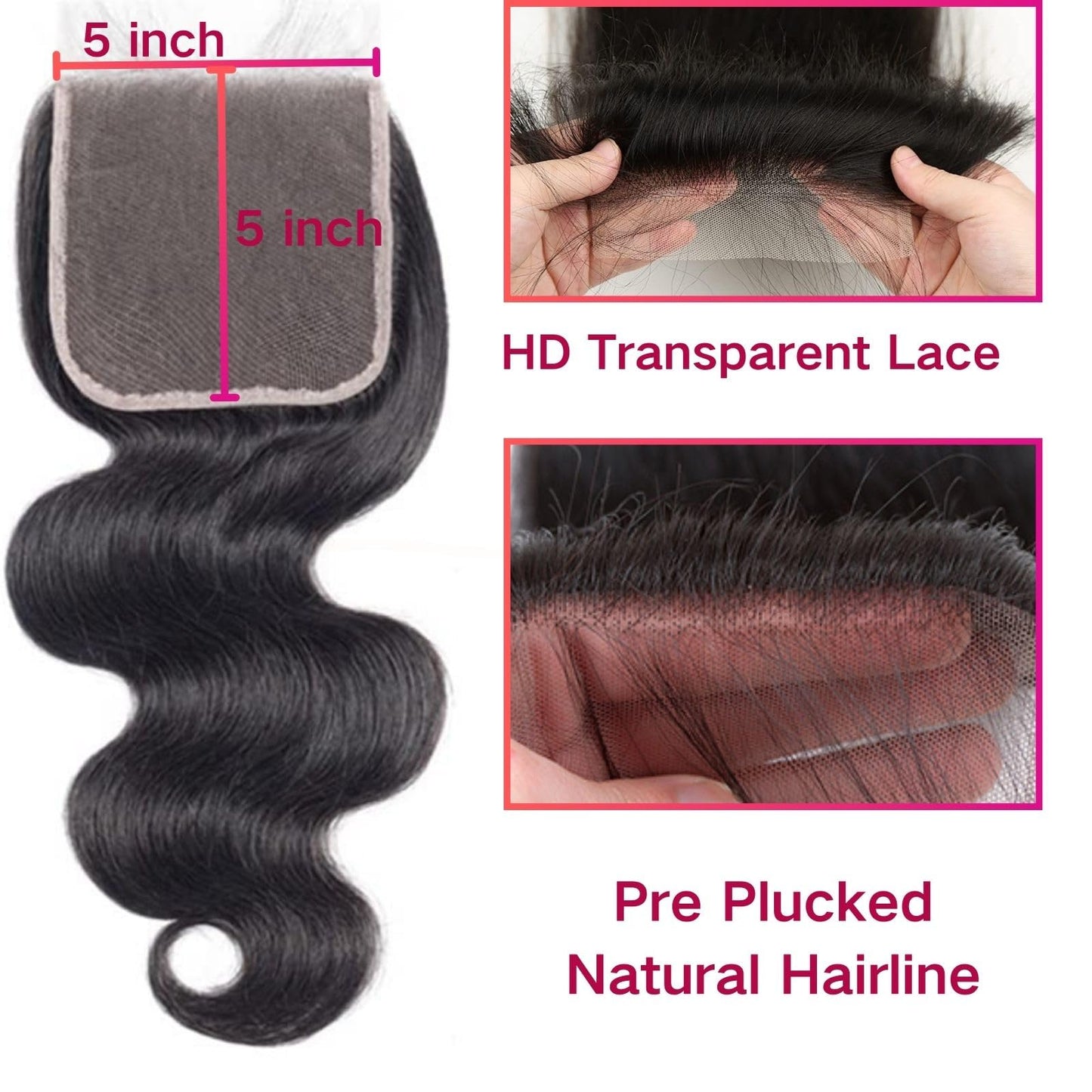 5x5 HD Lace Frontal Closure Body Wave Human Hair Extension - 16 Inch, Virgin Remy, Pre-Plucked, Natural Black