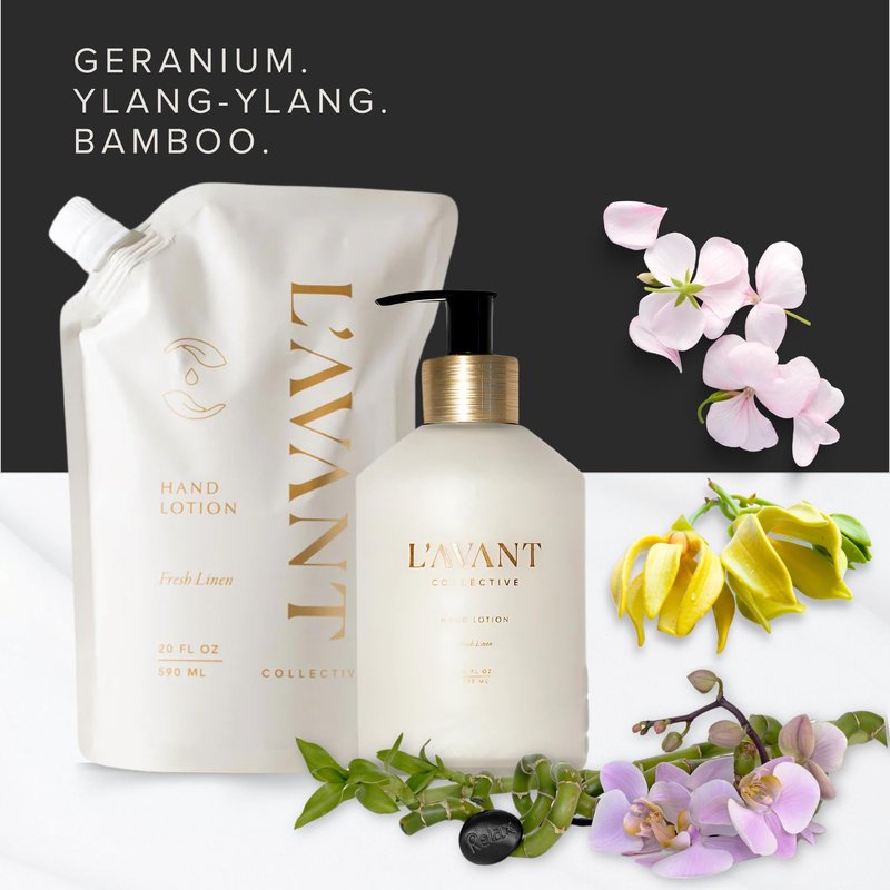 L'AVANT Collective Luxury Hand Lotion | Moisturizing Plant-Based Hand Cream with Pump, Non-Toxic, Lightweight Formula, Refillable Glass Bottle | 10 Fl Oz, Bathroom & Kitchen | Fresh Linen