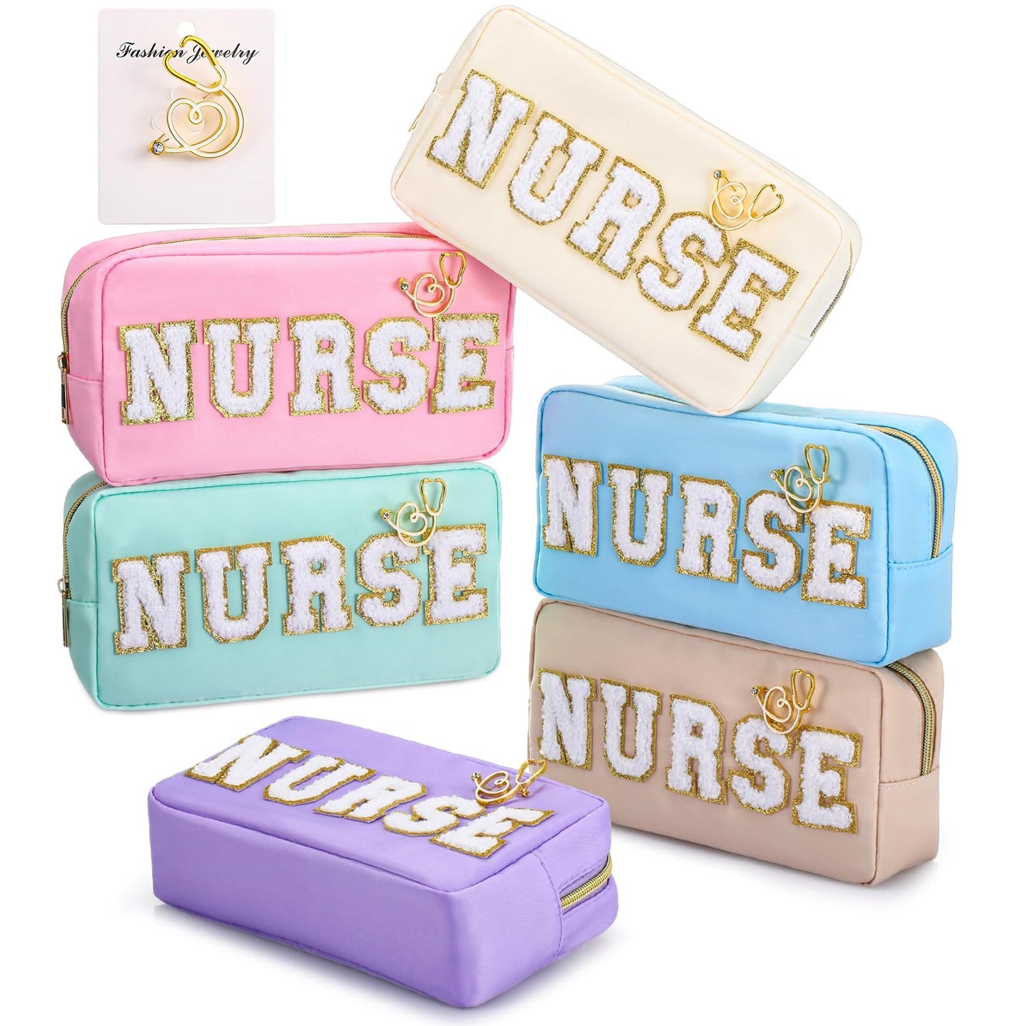 Kacctyen 6 Pcs Nurse Bags Bulk Nurses Week Appreciation Gifts Chenille Letter Makeup Bags Nurses Graduation Retirement Pouch with Gold Stethoscope Pin for Women Work Supplies