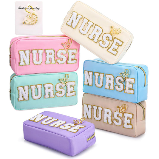 Kacctyen 6 Pcs Nurse Bags Bulk Nurses Week Appreciation Gifts Chenille Letter Makeup Bags Nurses Graduation Retirement Pouch with Gold Stethoscope Pin for Women Work Supplies