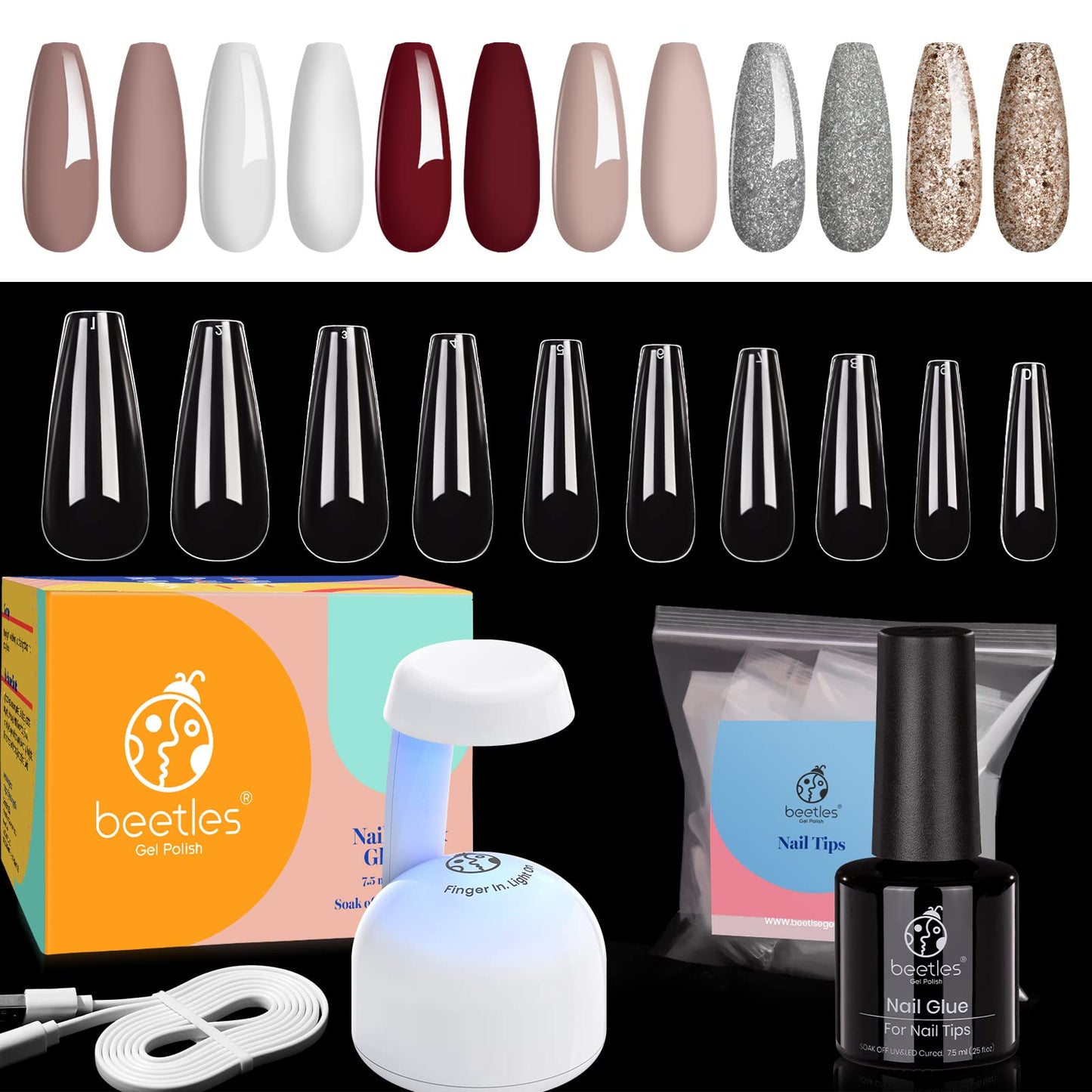 Beetles Holiday Gel Nail Polish Set - 6 Colors Burgundy Red Brown,Nail Tips and Glue Gel Nail Kit, 2 In 1 Nail Gel and Base Gel with 500Pcs Coffin Nails and Innovative UV LED Lamp