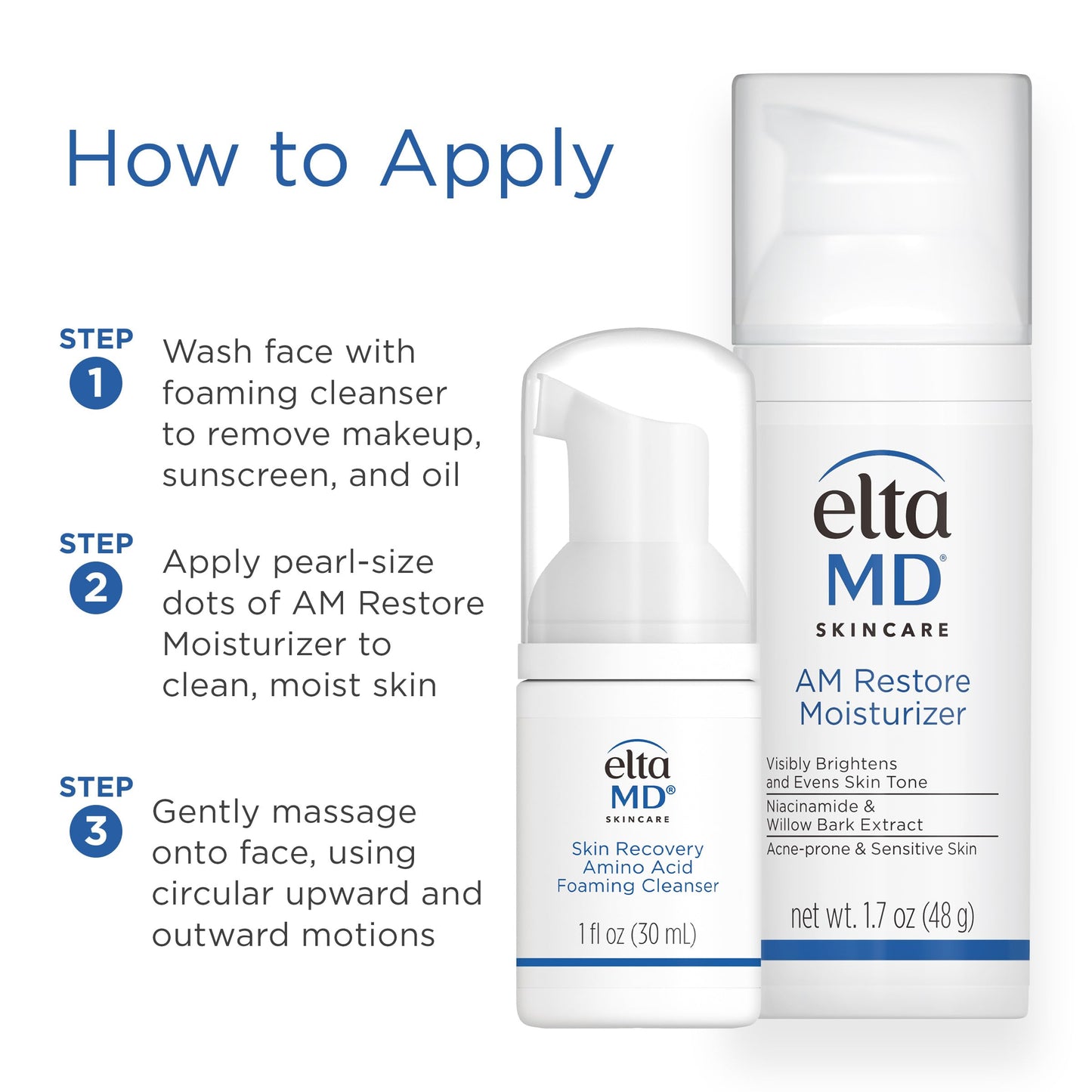 EltaMD AM Restore Face Moisturizer and Skin Recovery Amino Acid Foaming Facial Cleanser Set, For Acne-Prone and Sensitive Skin, 1.7 Fl Oz Moisturizer and 1 Fl Oz Face Cleanser