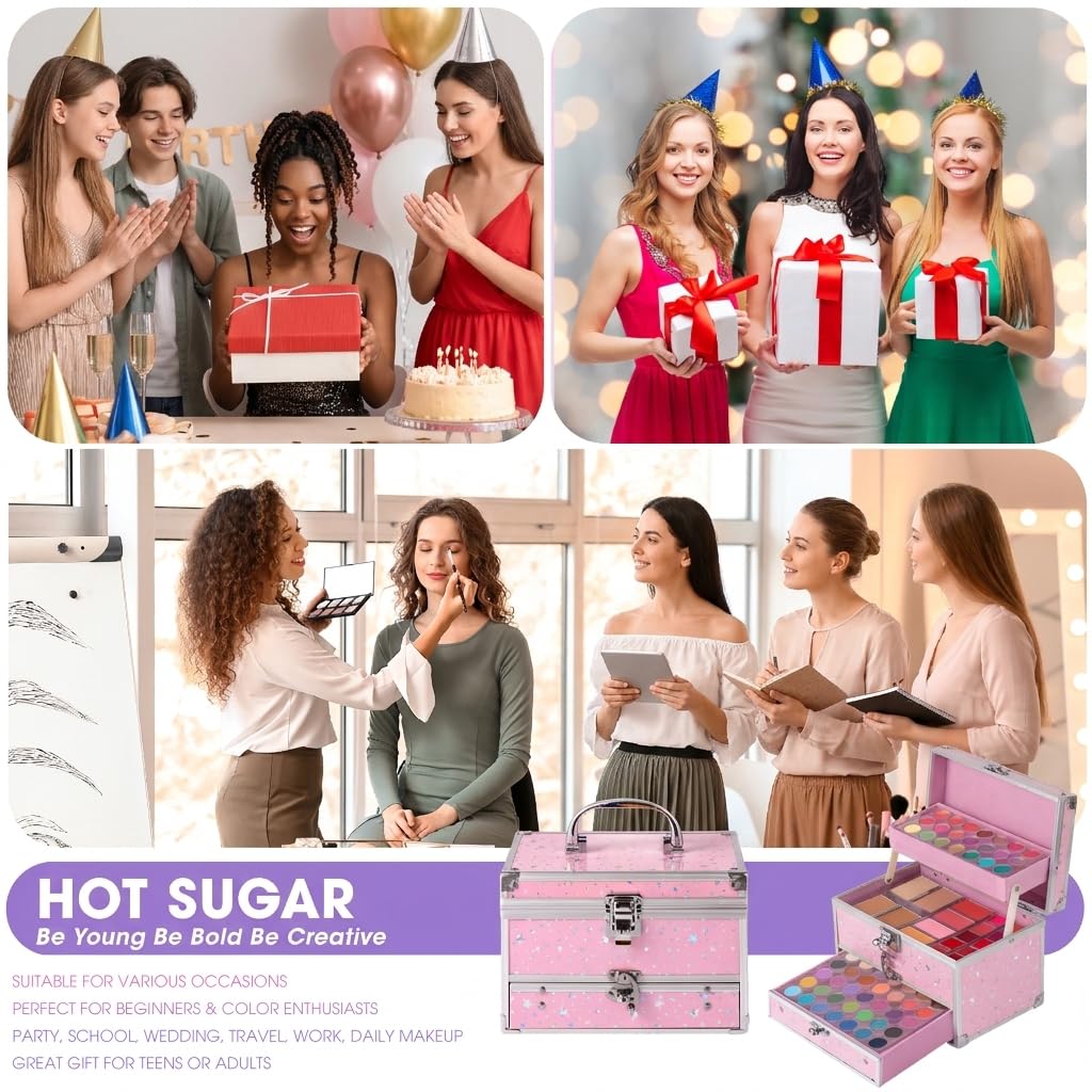 Hot Sugar Makeup Kit for Teens with Train Case, Portable Beginner Makeup Gift Set, Makeup Beauty Kit for Girls (Pink)