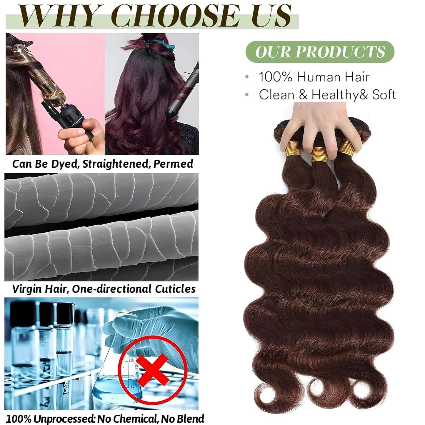 #4 Chocolate Brown Human Hair Bundles Body Wave 12 12 12 inch 100% Unprocessed Brazilian Virgin Hair Extensions 12A Quick Weave Bundles Human Hair Double Weft