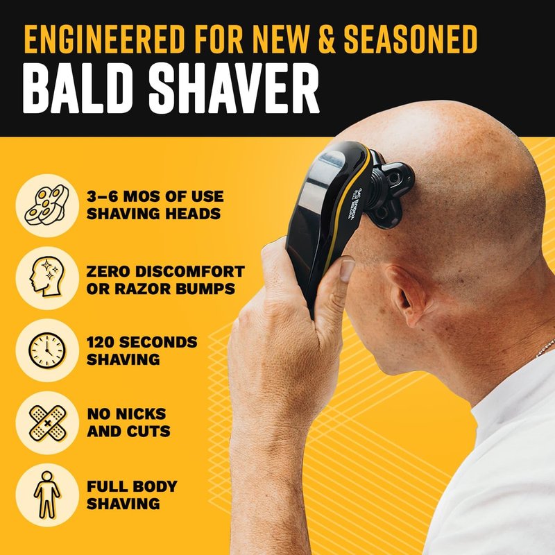 Bald Buddy Head Shaver for Men, Waterproof, Rechargeable Electric Razor, Cordless, Ergonomic Design, Battery & Cleaning Indicator, The Cut Buddy