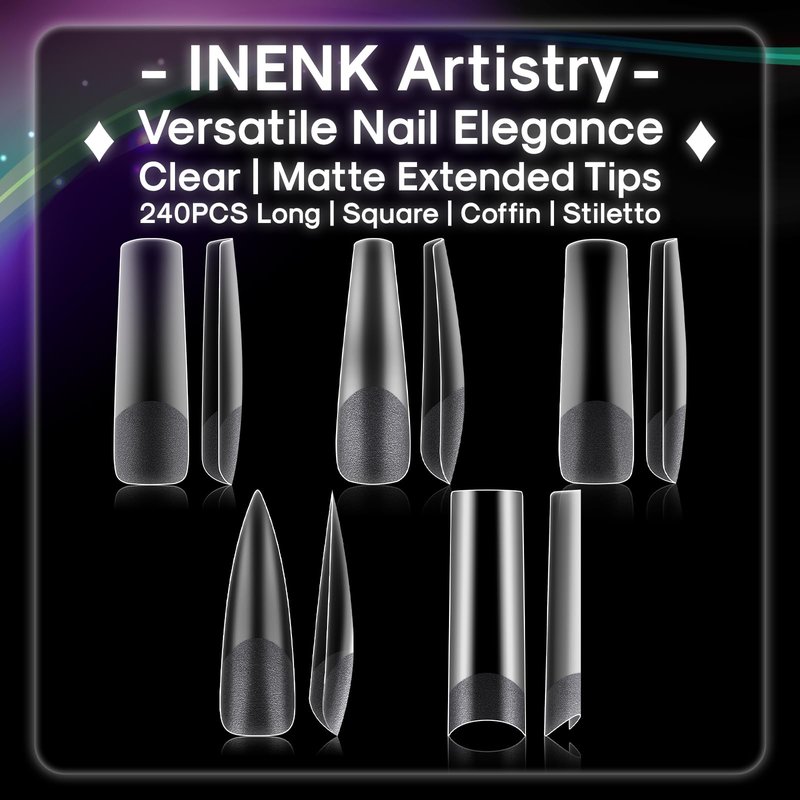 INENK No C Curve XXL Stiletto Nail Tips, Half Matte Clear Half Cover, Stiletto Flat Tips for Acrylic Nails Art Design, Salons, Home DIY Nail Extension(12 Sizes 240PCS)