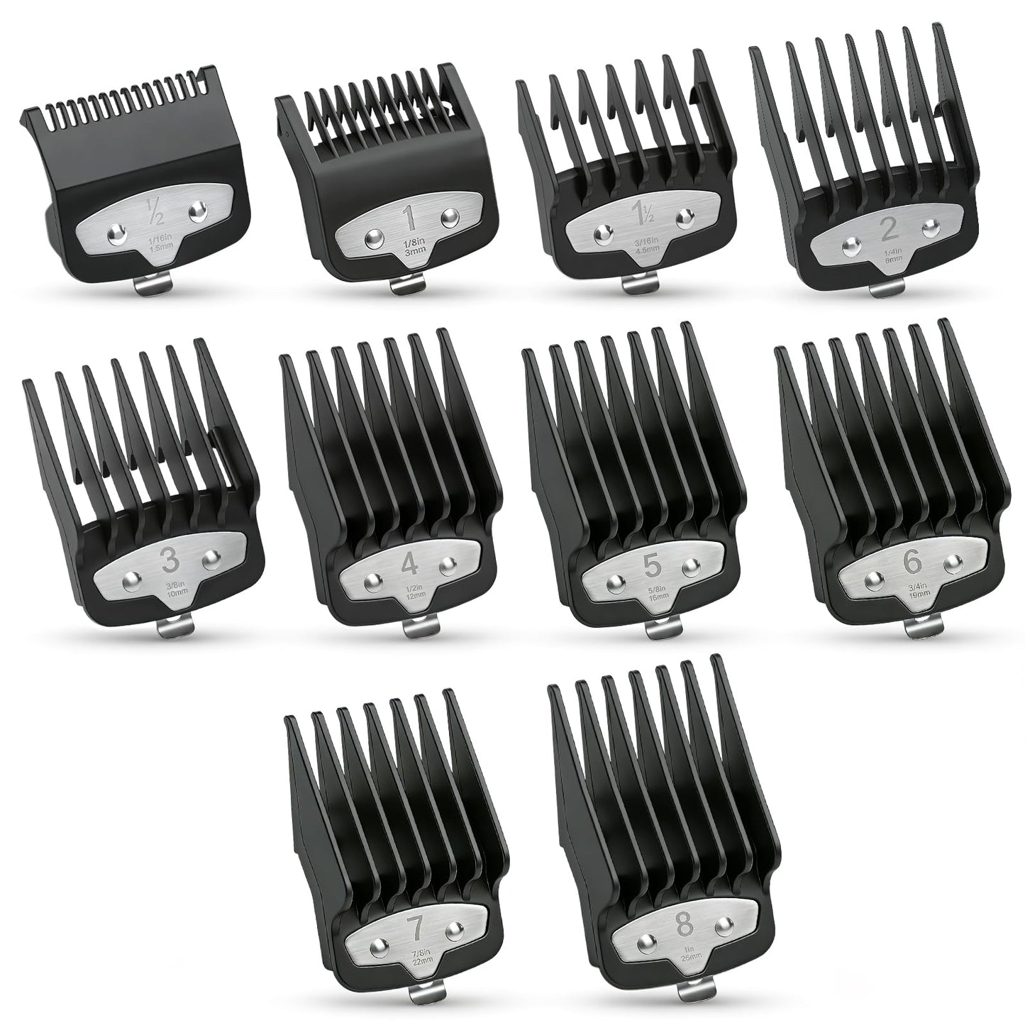 10-Piece Clipper Guard Set, Black Professional Clipper Guard Set Compatible with Most Wahl Clippers (1.5-25mm), Premium Close Cut to 1-Inch,Black