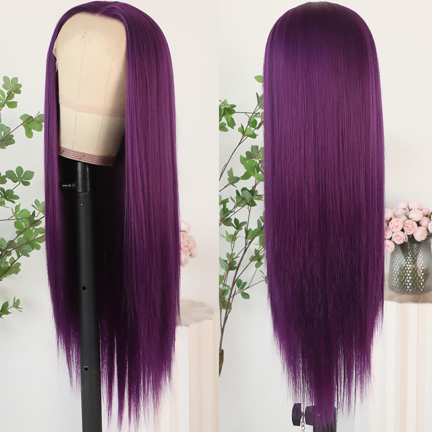 Lezaxiu Purple Lace Front Wigs Long Straight Glueless Dark Purple Wigs Pre Plucked Ready to Wear Wigs Heat Resistant Synthetic Lace Front Wig for Black Women Natural Hairline