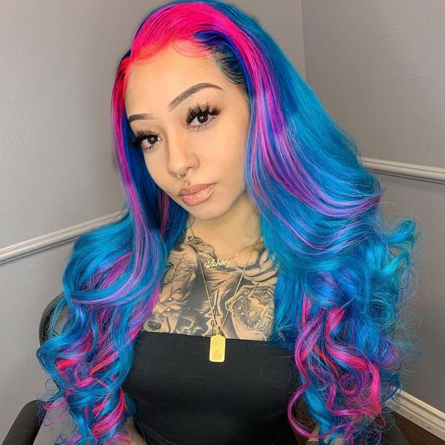 AFBeauty Lace Front Wig Highlight Blue Purple Colorful Wavy Ombre Wigs for Women Lace Frontal Pink Green Wig Synthetic Heat Resistant Natural Loose Wave Glueless Lace Wigs 24 Inch Daily Party Cosplay