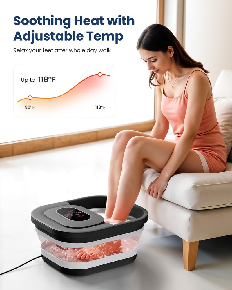 COMFIER Collapsible Foot Spa Bath Massager with Heat, Pedicure Foot Spa with Bubbles, Red Light, Pumice Stone and Shiatsu Massage Rollers, Heated Bath Spa for Relaxation and Stress Relief