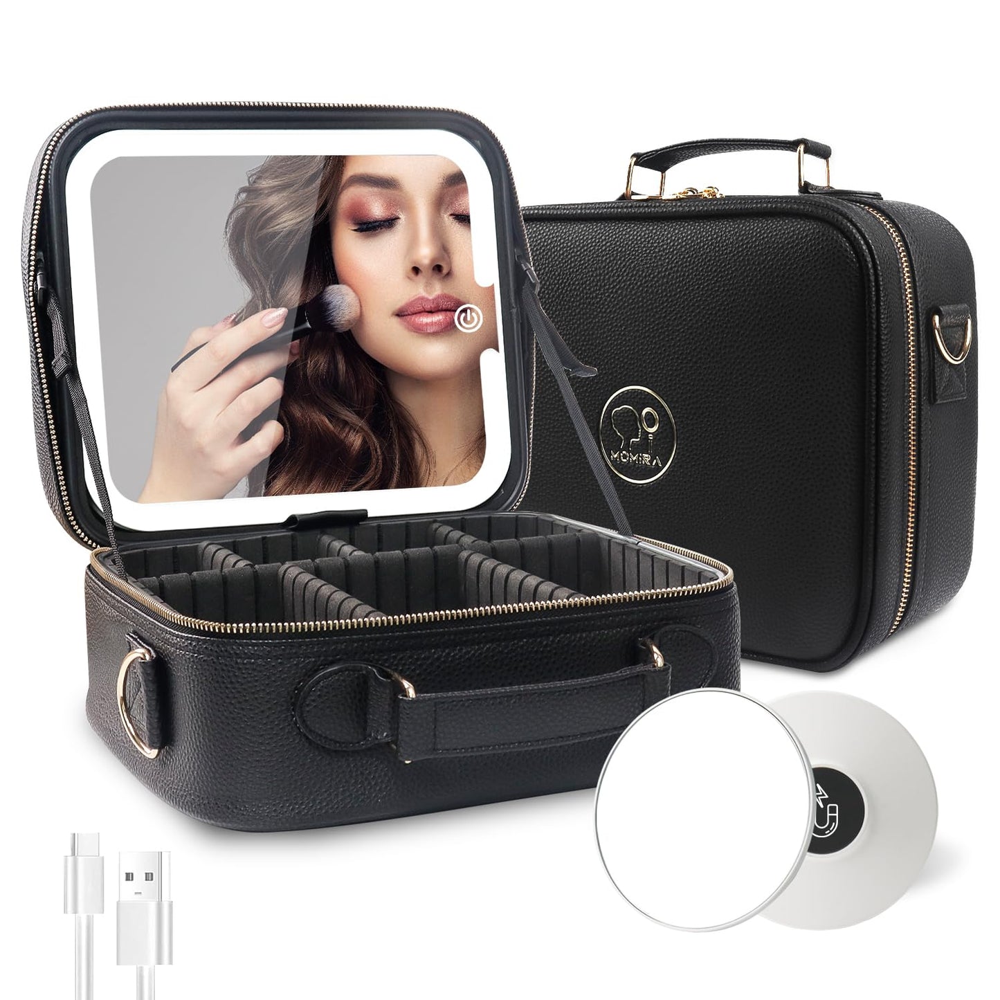 Travel Makeup Bag with Lighted Mirror - Adjustable Brightness, Waterproof Design | Black