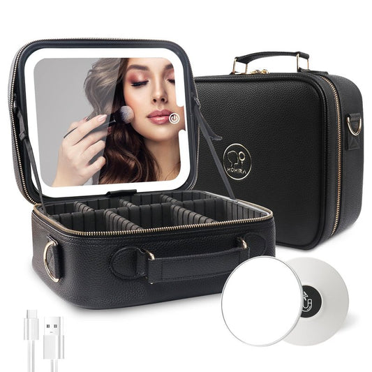 Travel Makeup Bag with Lighted Mirror - Adjustable Brightness, Waterproof Design | Black