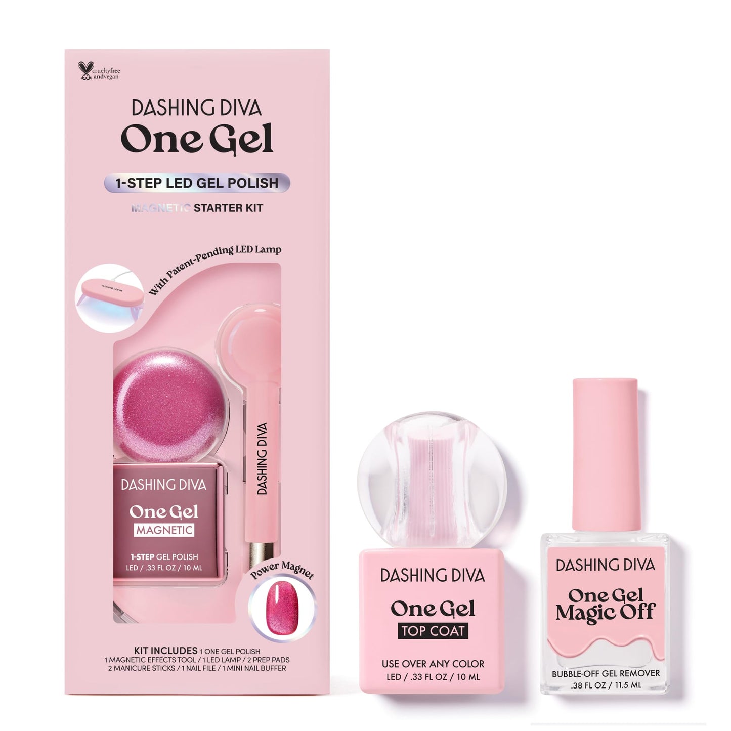 Dashing Diva One Gel Magnetic Mega Bundle – One Gel Magnetic Starter Kit in Villainous, Top Coat and Magic Off Nail Polish Remover - Manicure Set includes LED Lamp and Power Magnet