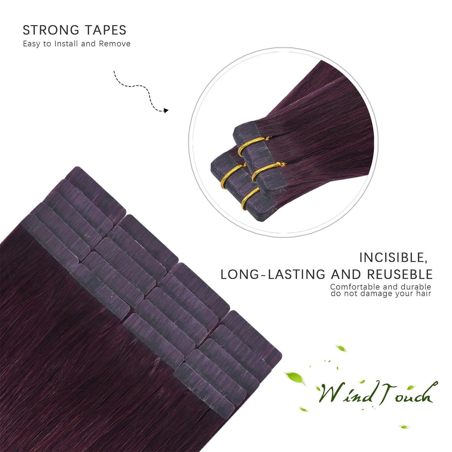 WindTouch Tape in Hair Extensions Wine Red Remy Silky-Smooth Straight Burgundy 20 Pcs 16Inch #99j 30g Invisible Tape in Hair Extensions Human Hair