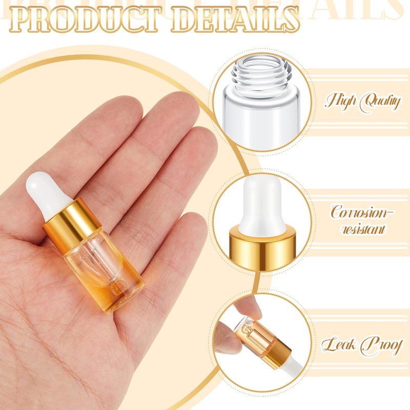 Didaey Mini Glass Oil Dropper Bottle Bulk, Clear Essential Small Empty Bottles Sample Containers Perfume Liquid Vials with Cap for Traveling(3 ml,Gold,200 Pcs)
