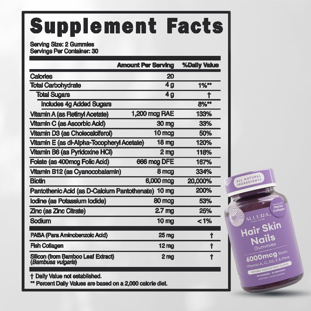 Hair Skin and Nails Vitamins - Extra Strength 6000mcg Biotin Gummies with Marine Collagen | Passion Fruit, 60ct for Healthy Hair Growth