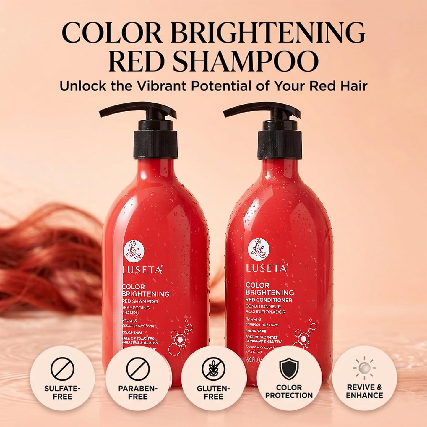 Luseta Color Enhancing Shampoo and Conditioner Set for Red & Copper Hair. Revives & Intensifies Fiery Hues, Adds Radiant Shine, Smooths Frizz, Improves Elasticity with Pomegranate, 2 x 16.9oz