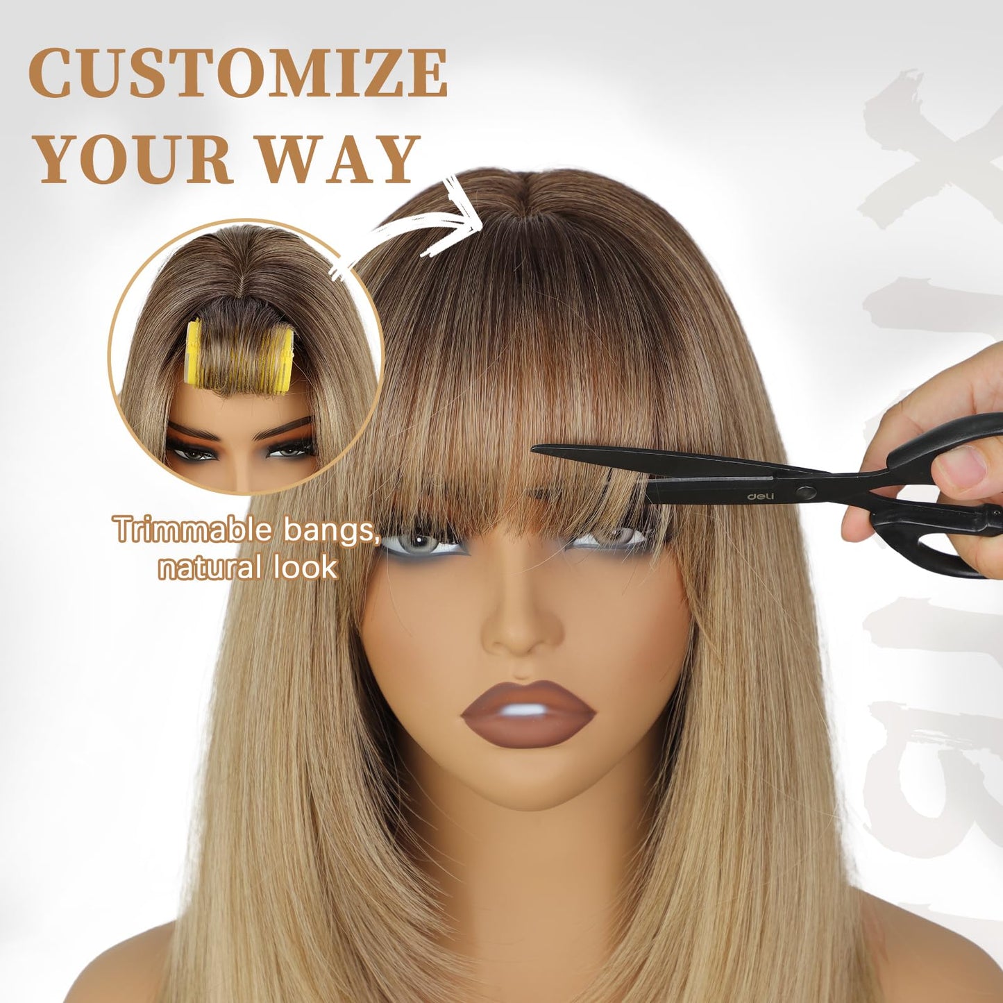 XIXIBI Blonde Wig with Bangs, Long Ombre Blonde Layered Wigs for Women, 4x4 Realistic Scalp with Free Parting, Realistic Heat Resistant Synthetic Wigs for Daily Party Cosplay Use 26Inch