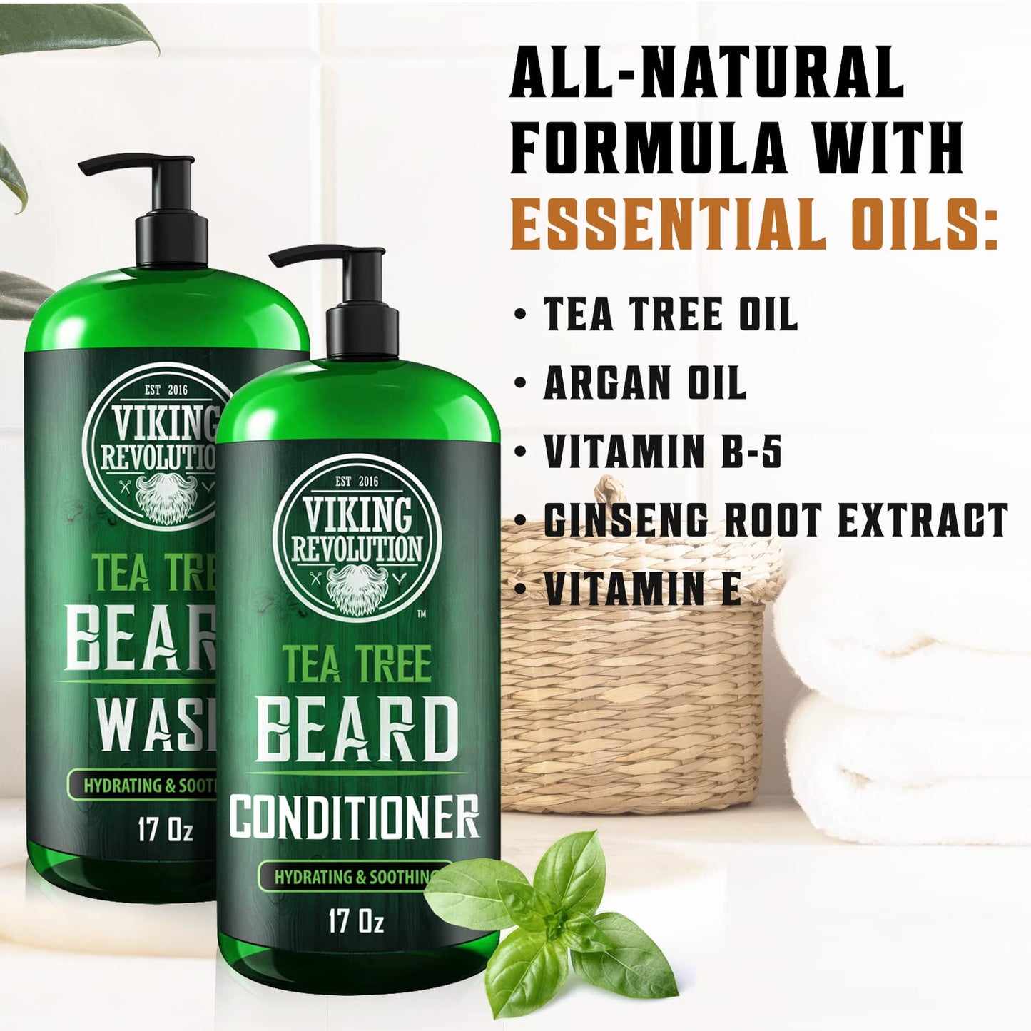 Viking Revolution Tea Tree Oil Beard Wash & Conditioner Set - Natural Softener with Argan Oil, Vitamin E & Ginseng | 17 Oz