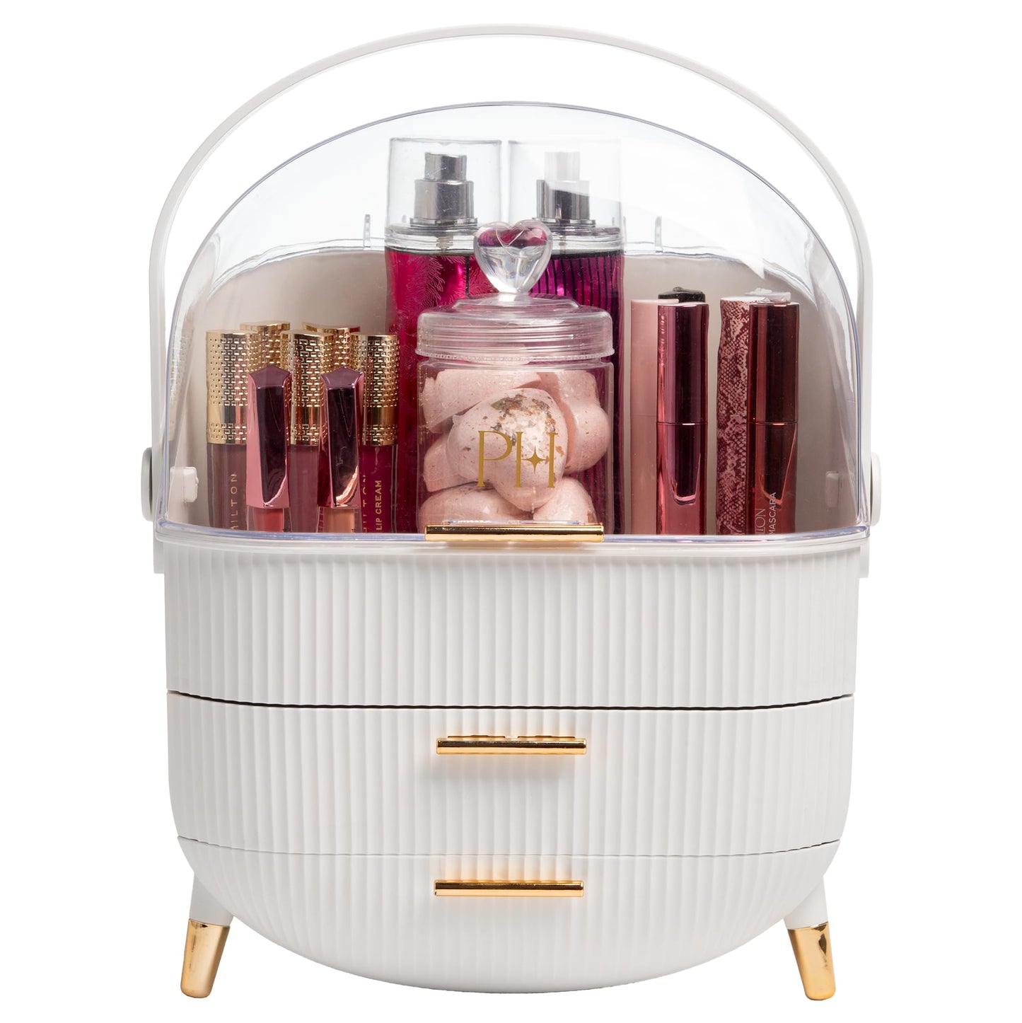 Paris Hilton Makeup Storage Organizer with Lid, Cosmetics and Skincare Organizer for Vanity, Portable Makeup Storage Box for Countertop, Fluted Design with Gold Accents, White