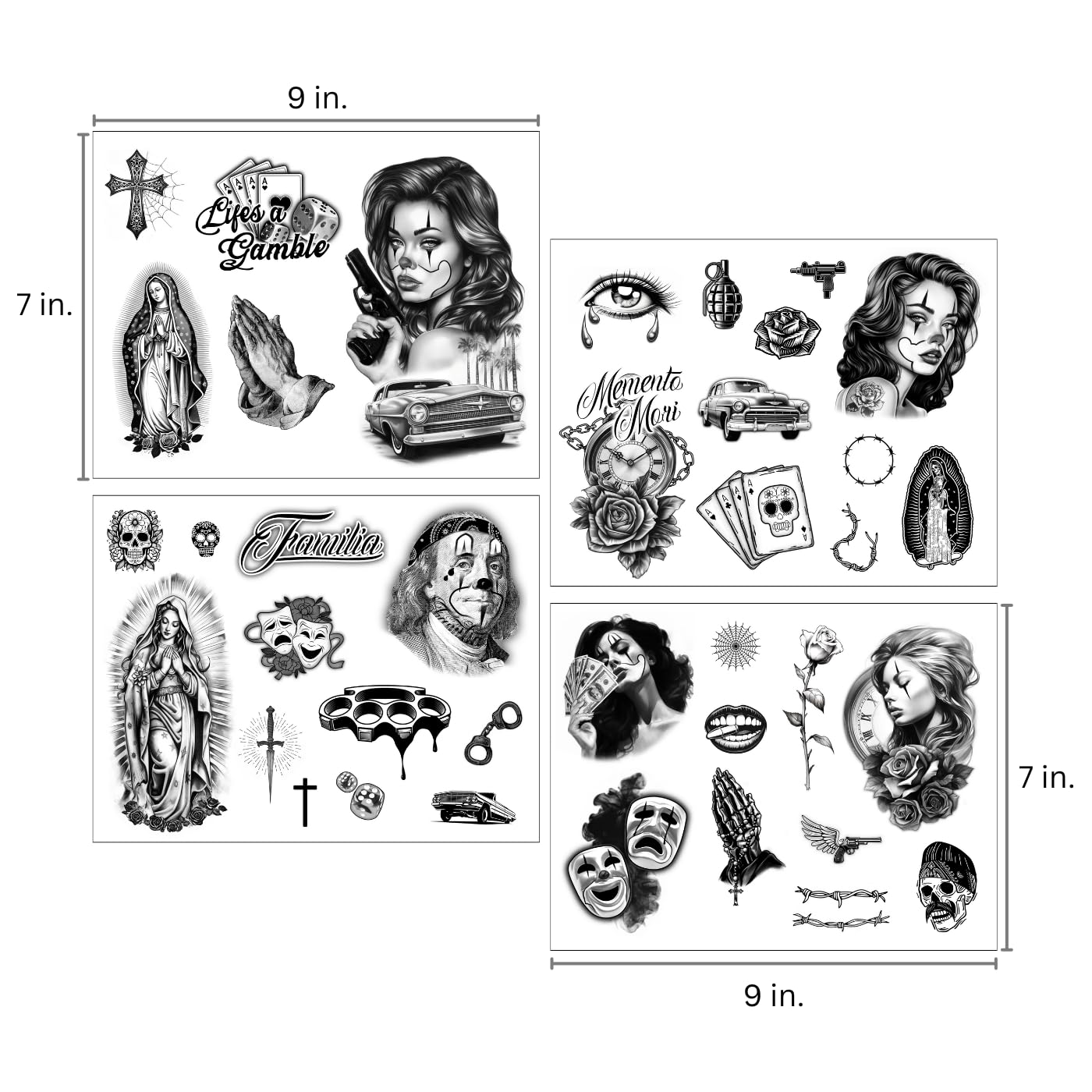 Los Vatos Chicano Bundle - Cholo and Chola Temporary Tattoos For Men Women, Payasa, Lowrider, Virgin Mary, Prayer, Cross, Chicana, Gangster, Fake Tattoo, Día de Muertos, Tatuajes Temporales
