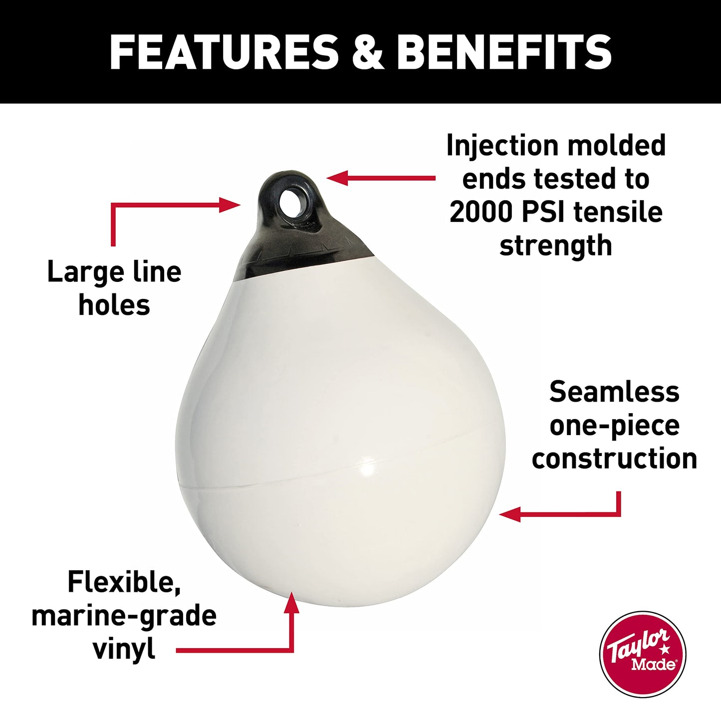 Taylor Made Tuff End Buoy, White (12") – Flexible, Strong, Marine-Grade Vinyl Buoy for 25-40 Foot Boats – Easy-to-use, Trivalve™ Inflates with Standard Ball Pump – 2020108080
