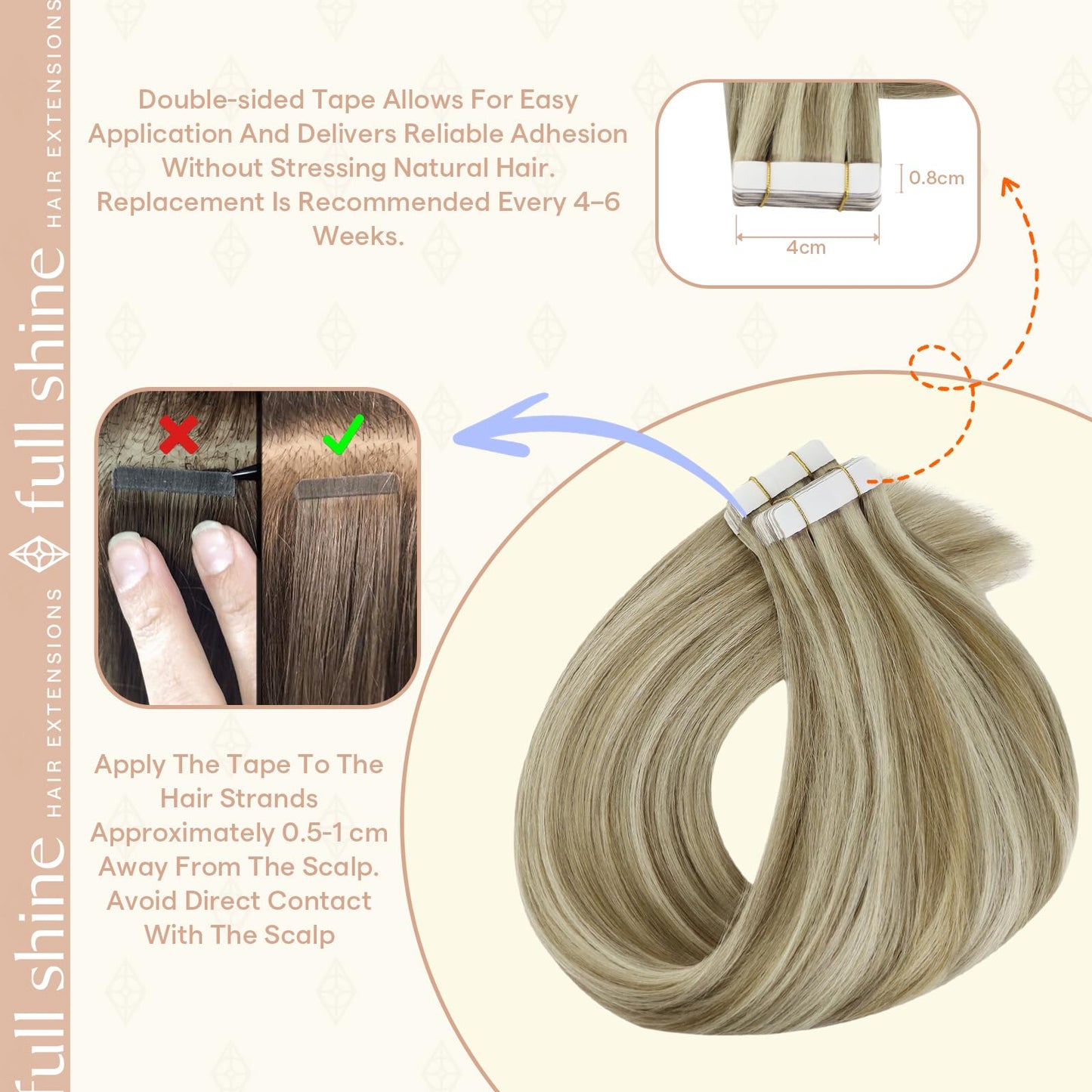 Full Shine Human Hair Extensions Tape in, Desert Blonde Mix 12 Inch