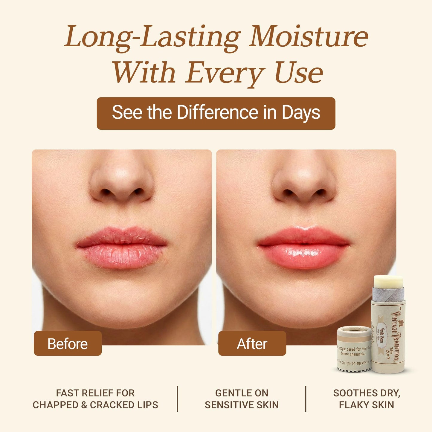 Vintage Tradition Moisturizing Beef Tallow Lip Balm – Tube Lip Moisturizer with Vanilla Extract Hydrates & Soothes Dry Lips – Grass-Fed Tallow Balm for Skin Care, 0.5 Fl. Oz.