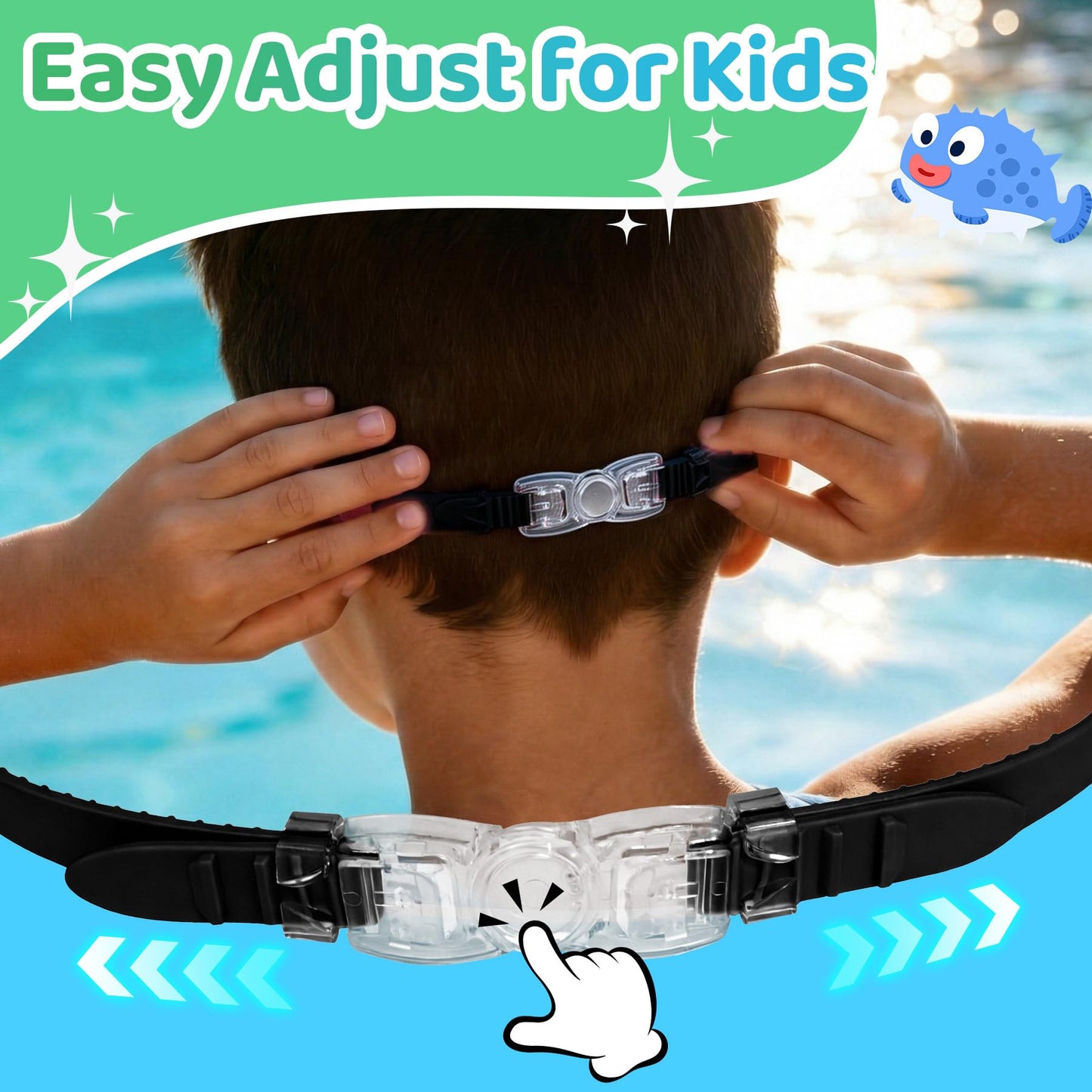 Vvinca Kids Swim Goggles for Boys Girls Age 3-15, Soft Wave-Shape Strap (No Hair Pulling), 180° Wide View Anti Fog/UV Waterproof Swimming Goggles, Leak Free Silicone Pool Goggle for Toddler Youth