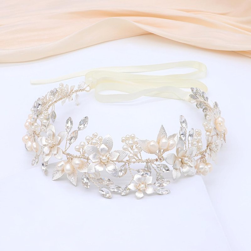 Oriamour Bridal Headband - Flower Design with Genuine Freshwater Pearls & Ribbons | Silver Hair Accessory for Weddings